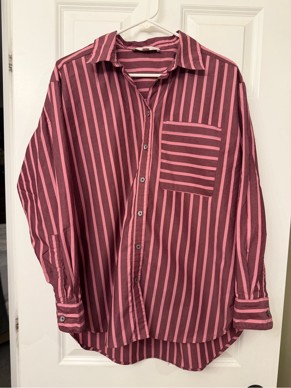 LOFT Women’s Vertical Stripe Button-Down in Rose and Dark Rose